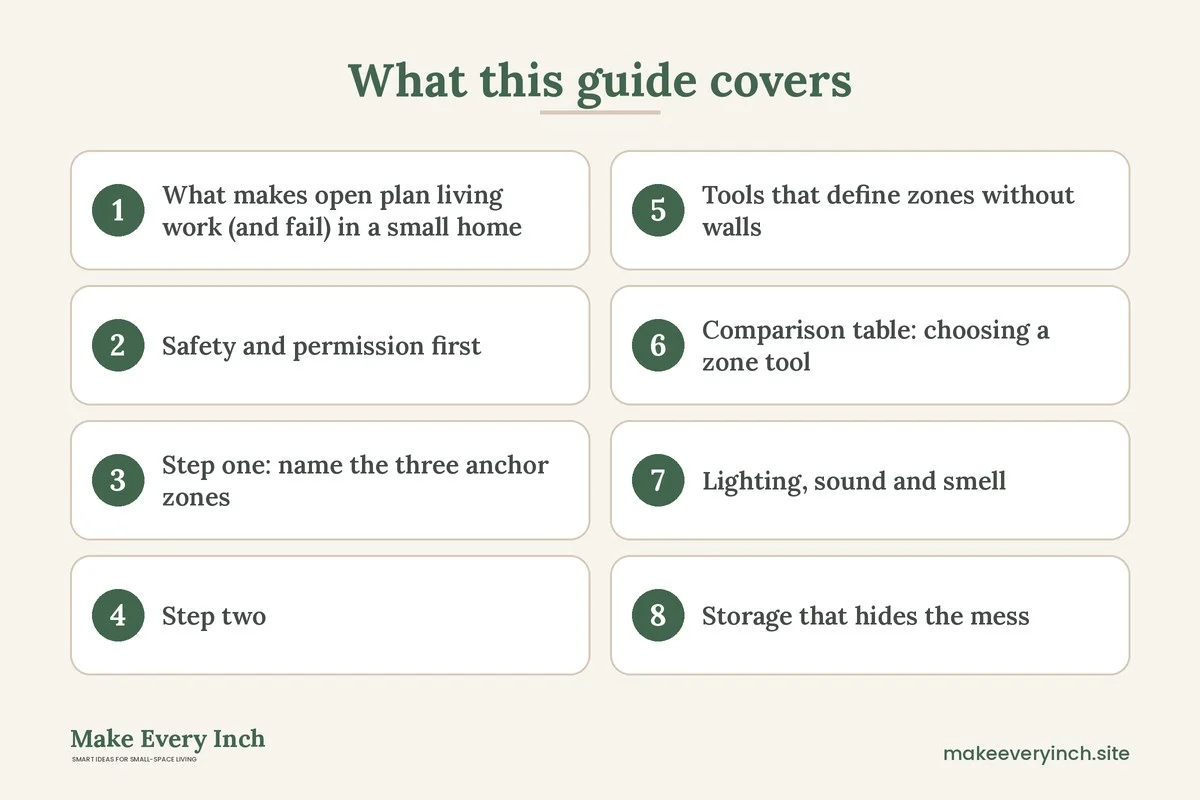 Graphic listing 8 topics covered in: Small Home Design Ideas for Open Plan Living with Clear Zones