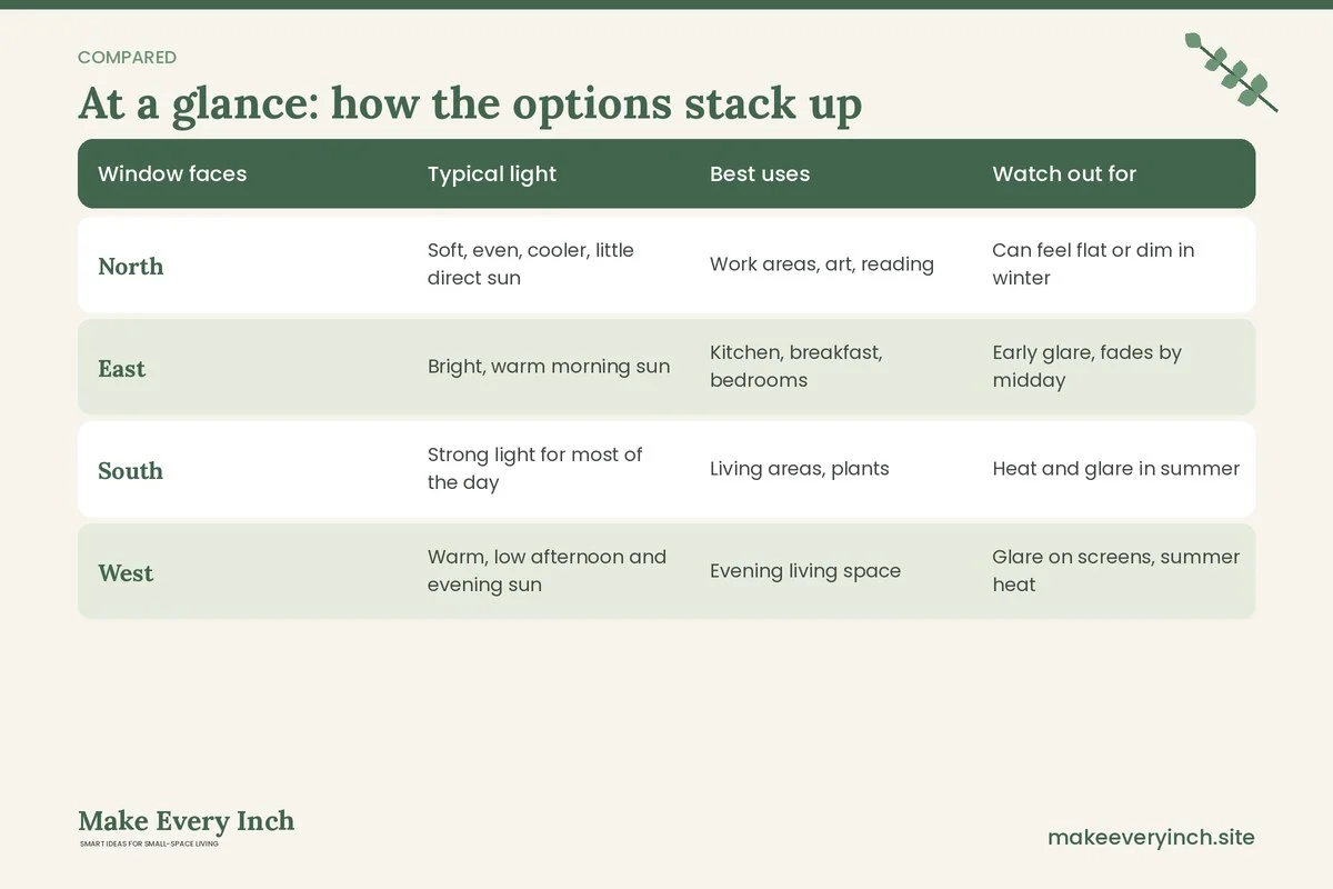 Comparison table of options for: 15 Small Home Design Ideas with Natural Light for Every Room (Window faces, Typical light, Best uses, Watch out for)