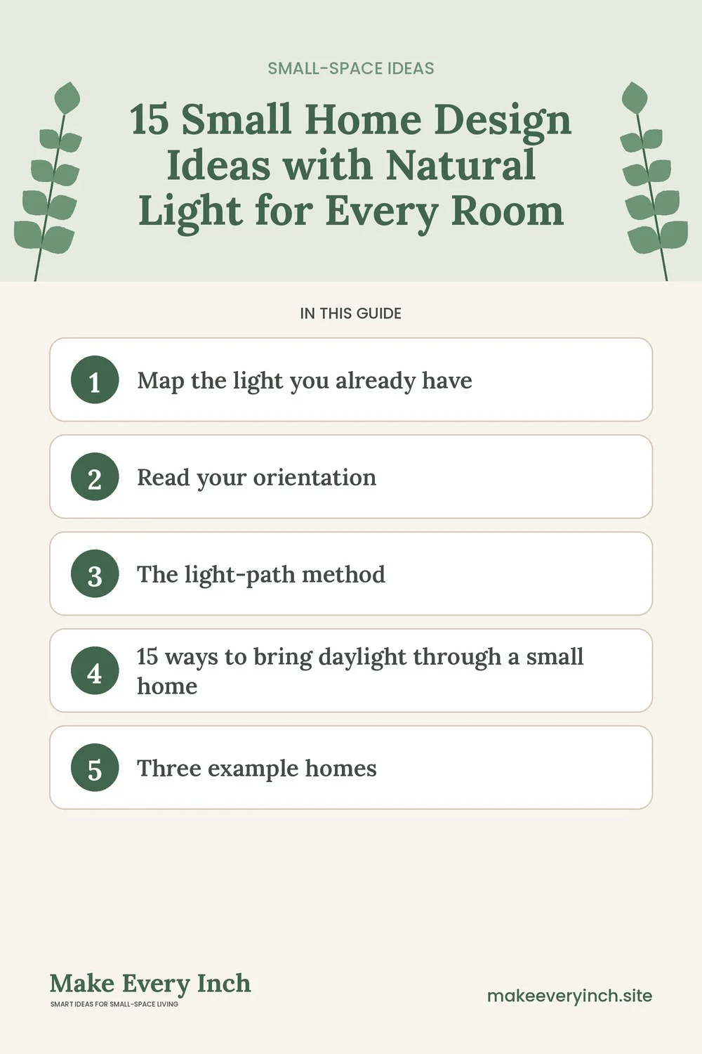 Pinterest pin listing the main topics in: 15 Small Home Design Ideas with Natural Light for Every Room