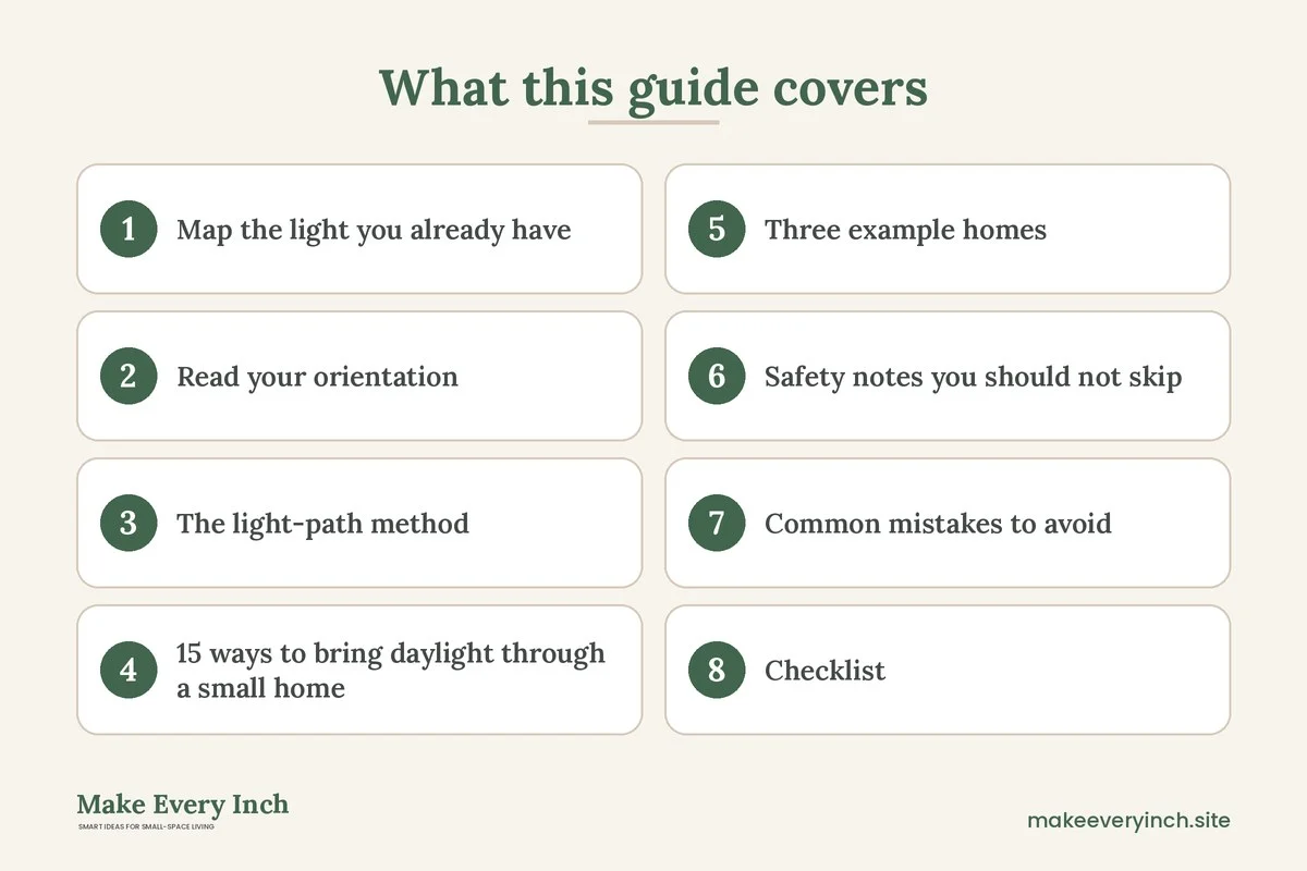 Graphic listing 8 topics covered in: 15 Small Home Design Ideas with Natural Light for Every Room