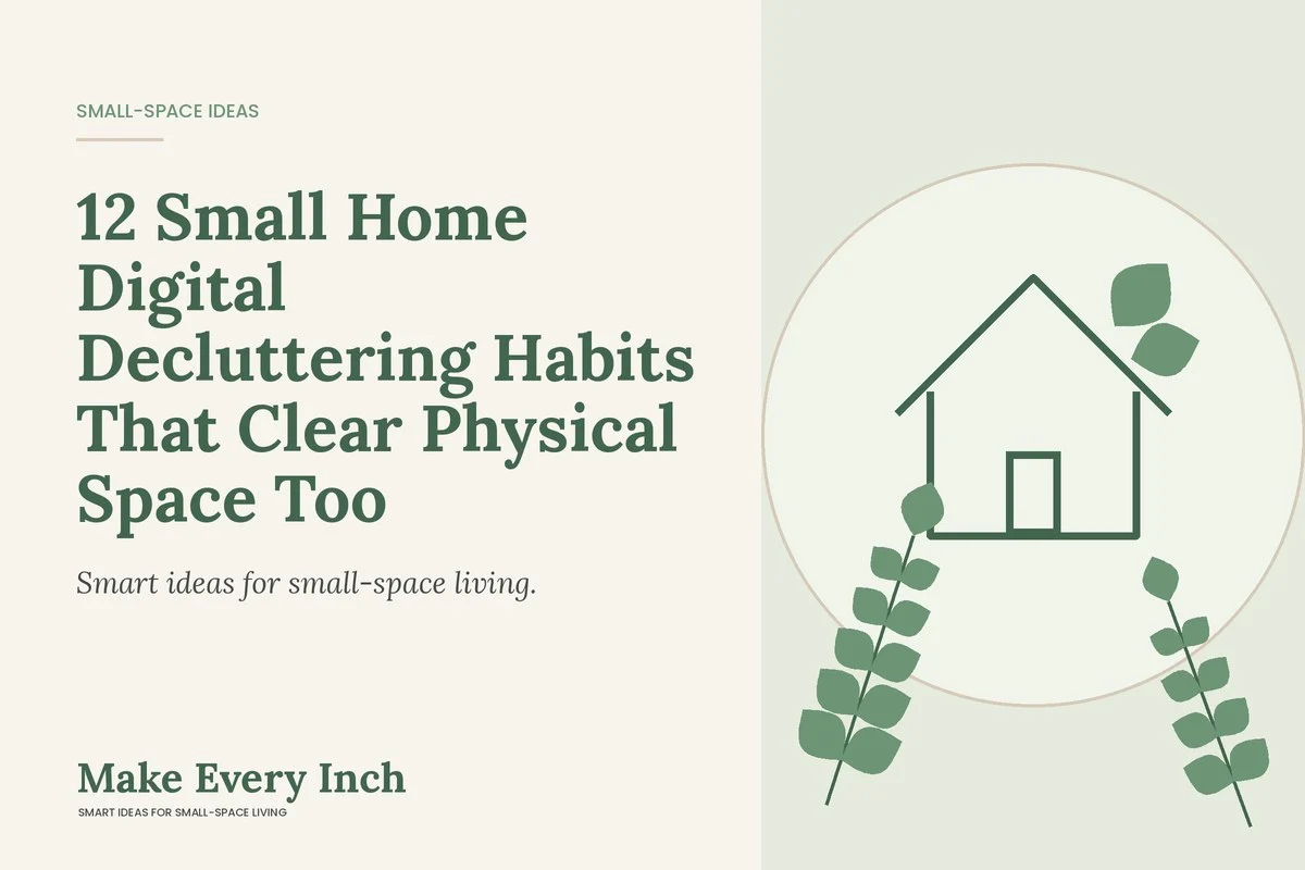 12 Small Home Digital Decluttering Habits That Clear Physical Space Too, Make Every Inch cover with a house and leaf illustration