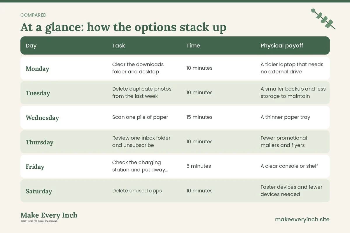Comparison table of options for: 12 Small Home Digital Decluttering Habits That Clear Physical Space Too (Day, Task, Time, Physical payoff)