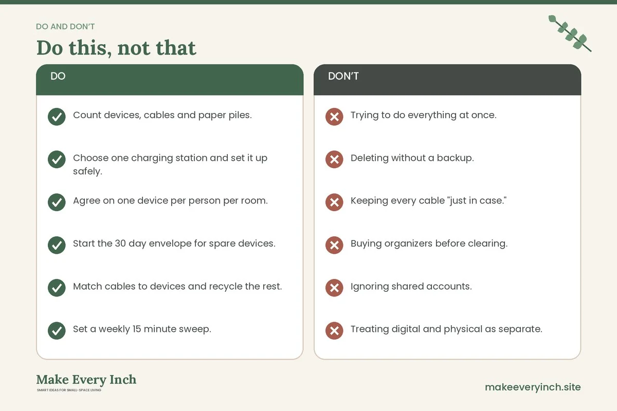 Do and don't checklist for: 12 Small Home Digital Decluttering Habits That Clear Physical Space Too