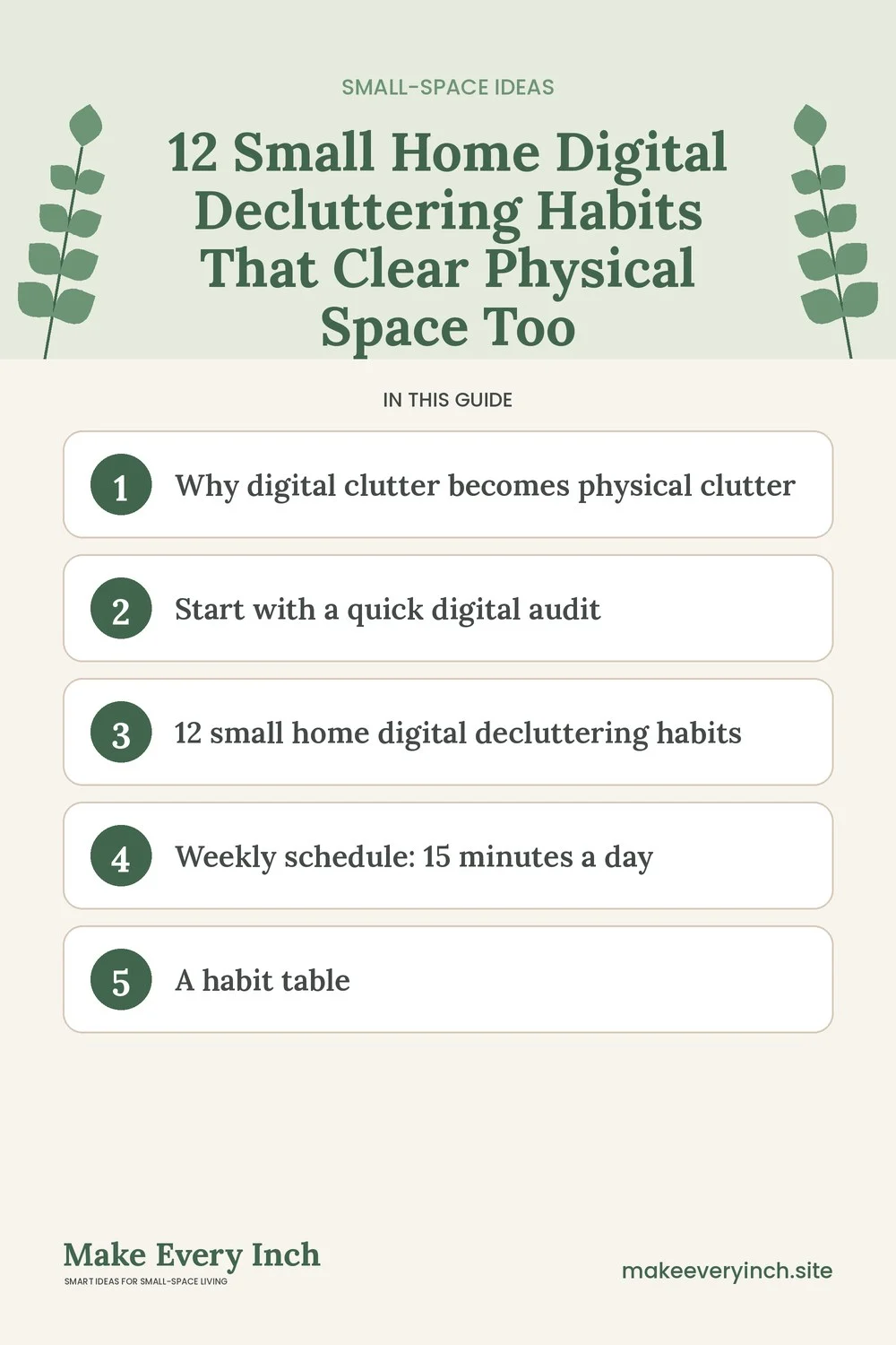 Pinterest pin listing the main topics in: 12 Small Home Digital Decluttering Habits That Clear Physical Space Too