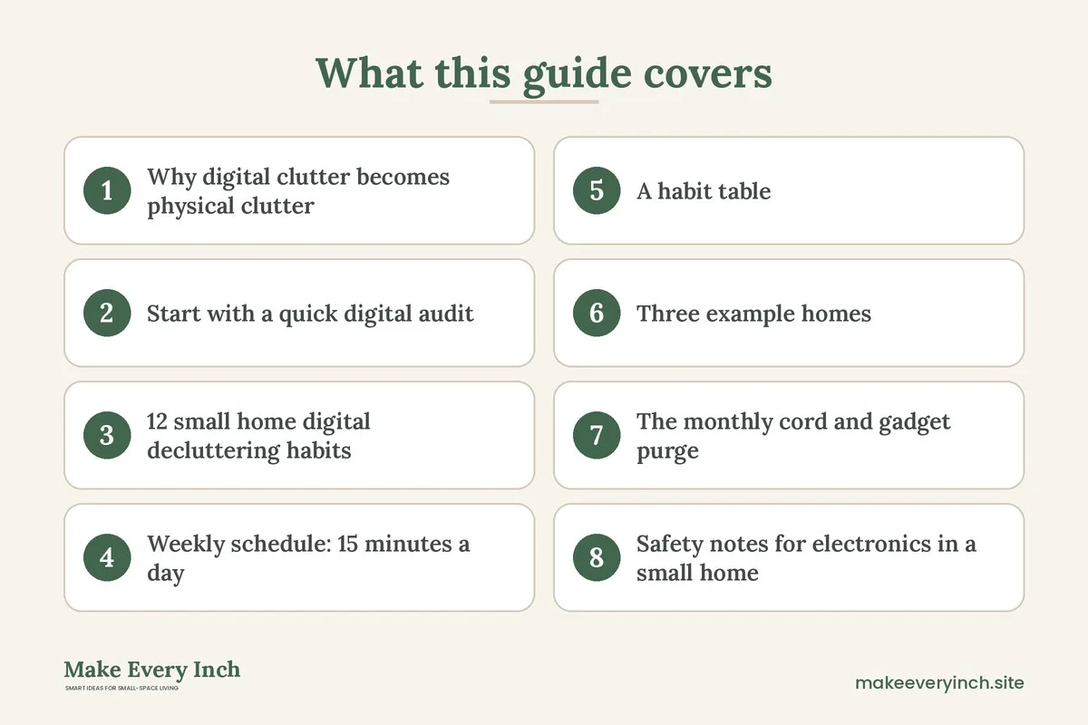 Graphic listing 8 topics covered in: 12 Small Home Digital Decluttering Habits That Clear Physical Space Too