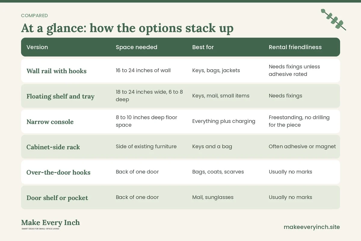 Comparison table of options for: Small Home Drop Zone Ideas (Version, Space needed, Best for, Rental friendliness)
