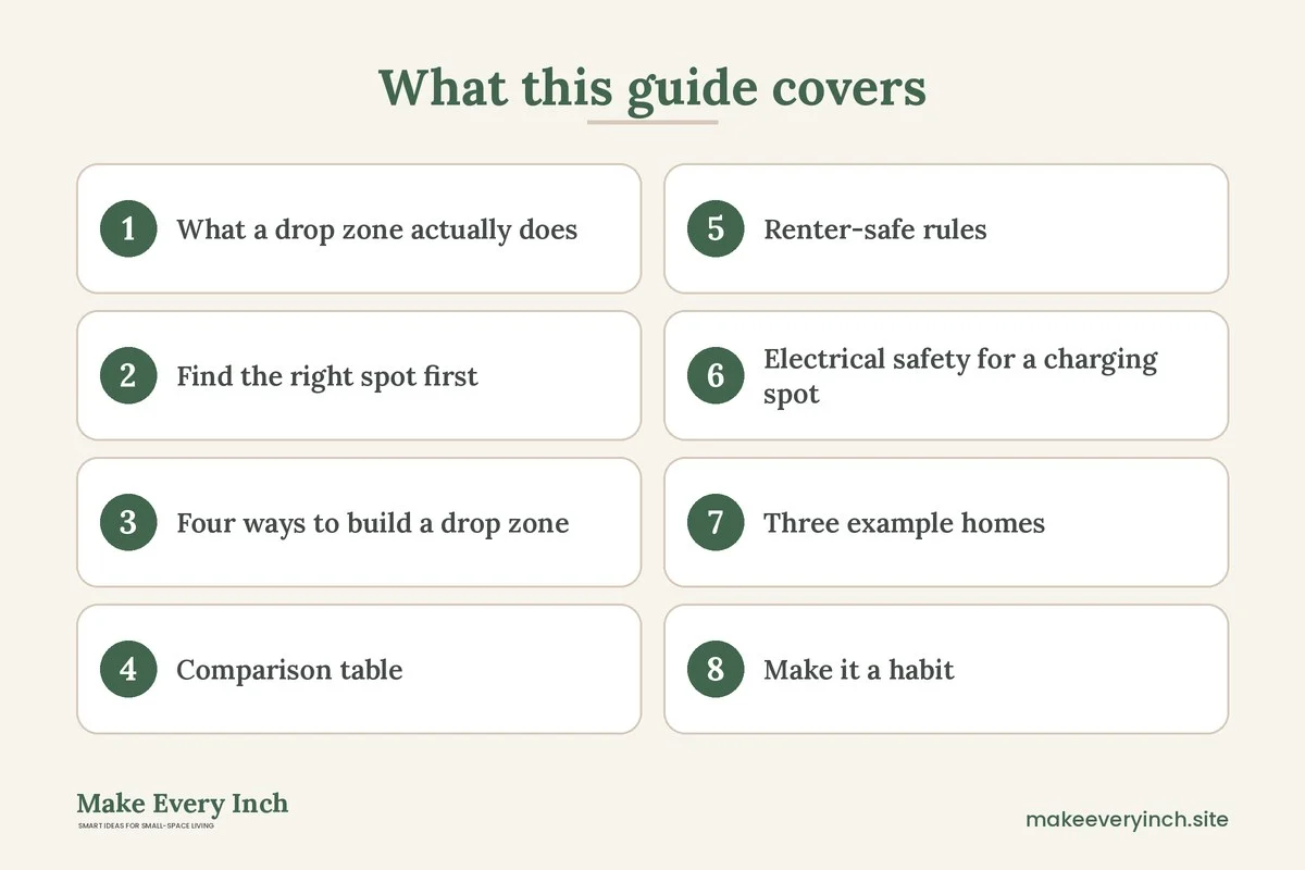 Graphic listing 8 topics covered in: Small Home Drop Zone Ideas