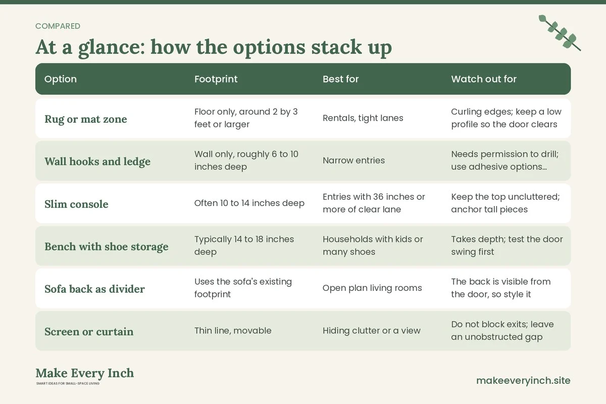 Comparison table of options for: Small Home Entryway Ideas When There Is No Foyer (Option, Footprint, Best for, Watch out for)