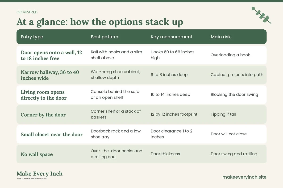 Comparison table of options for: Small Home Entryway Organization Ideas Built Around Your Daily Departures and Arrivals (Entry type, Best pattern, Key measurement, Main risk)