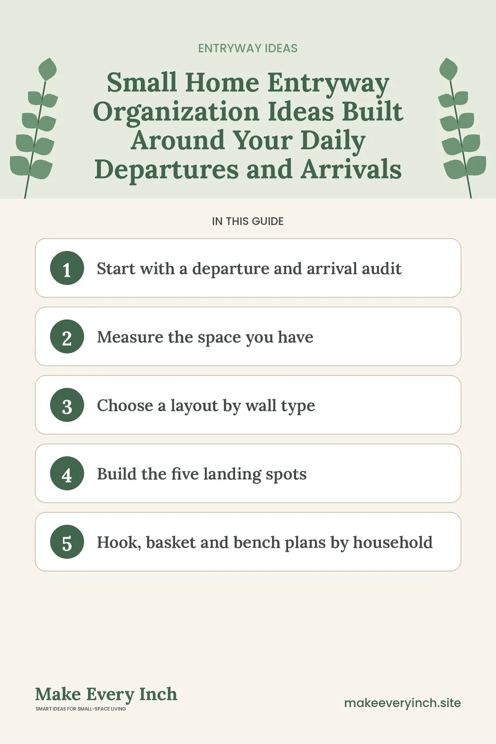 Pinterest pin listing the main topics in: Small Home Entryway Organization Ideas Built Around Your Daily Departures and Arrivals