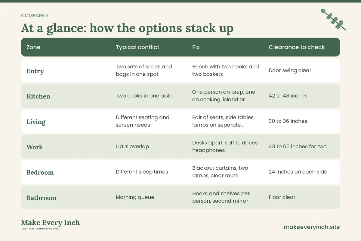 Comparison table of options for: Small Home Ideas for Couples (Zone, Typical conflict, Fix, Clearance to check)