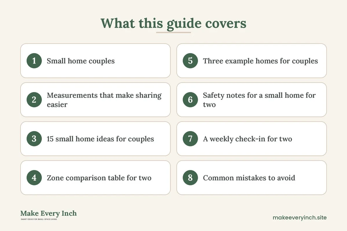 Graphic listing 8 topics covered in: Small Home Ideas for Couples