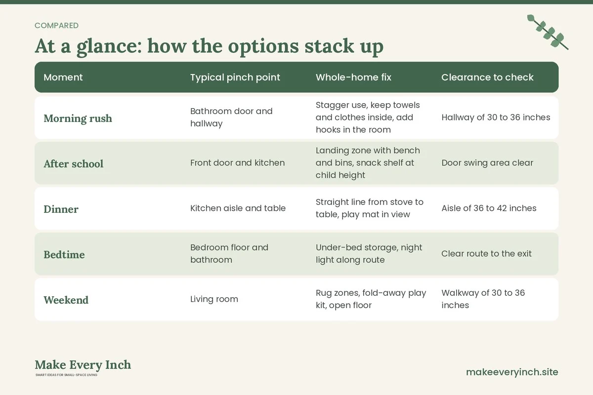 Comparison table of options for: 16 Small Home Ideas for Families (Moment, Typical pinch point, Whole-home fix, Clearance to check)