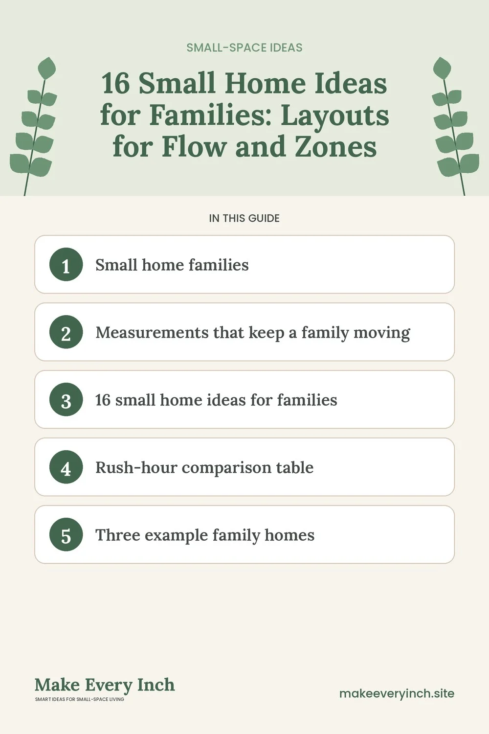 Pinterest pin listing the main topics in: 16 Small Home Ideas for Families