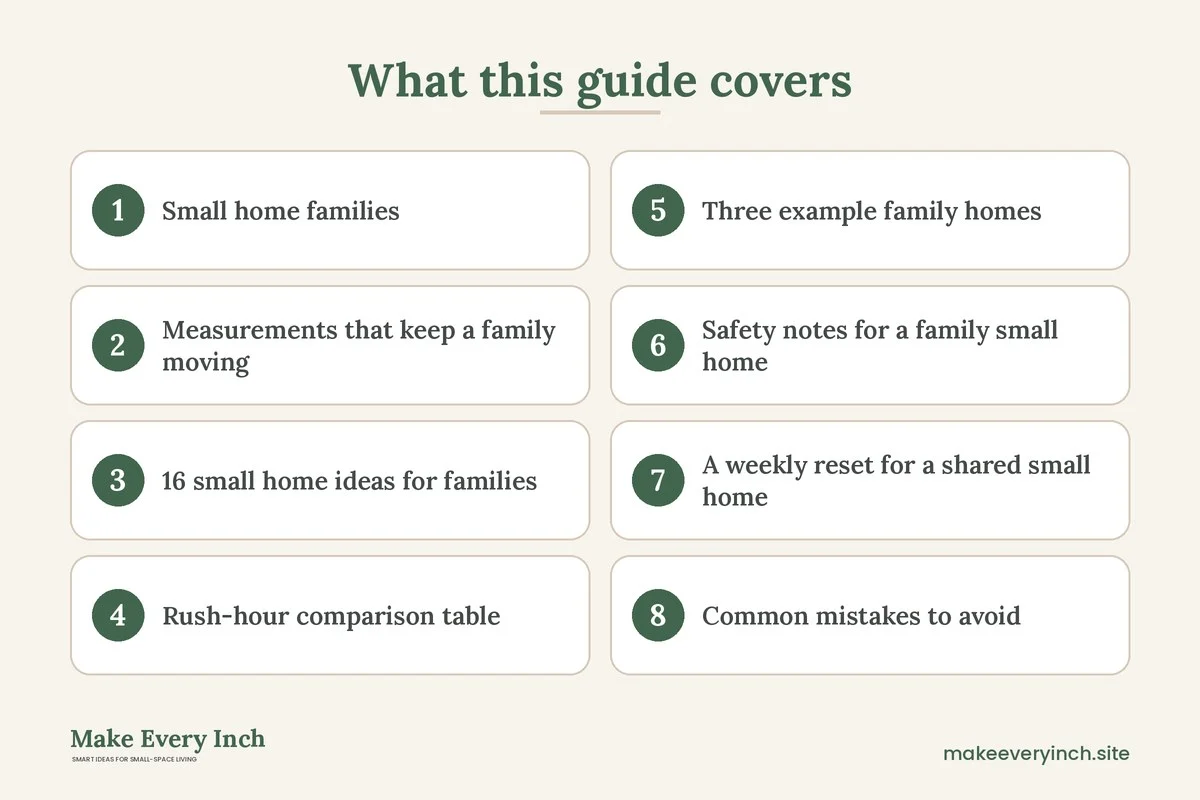 Graphic listing 8 topics covered in: 16 Small Home Ideas for Families