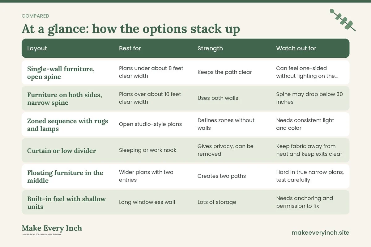 Comparison table of options for: Small Home Ideas for Narrow Floor Plans (Layout, Best for, Strength, Watch out for)