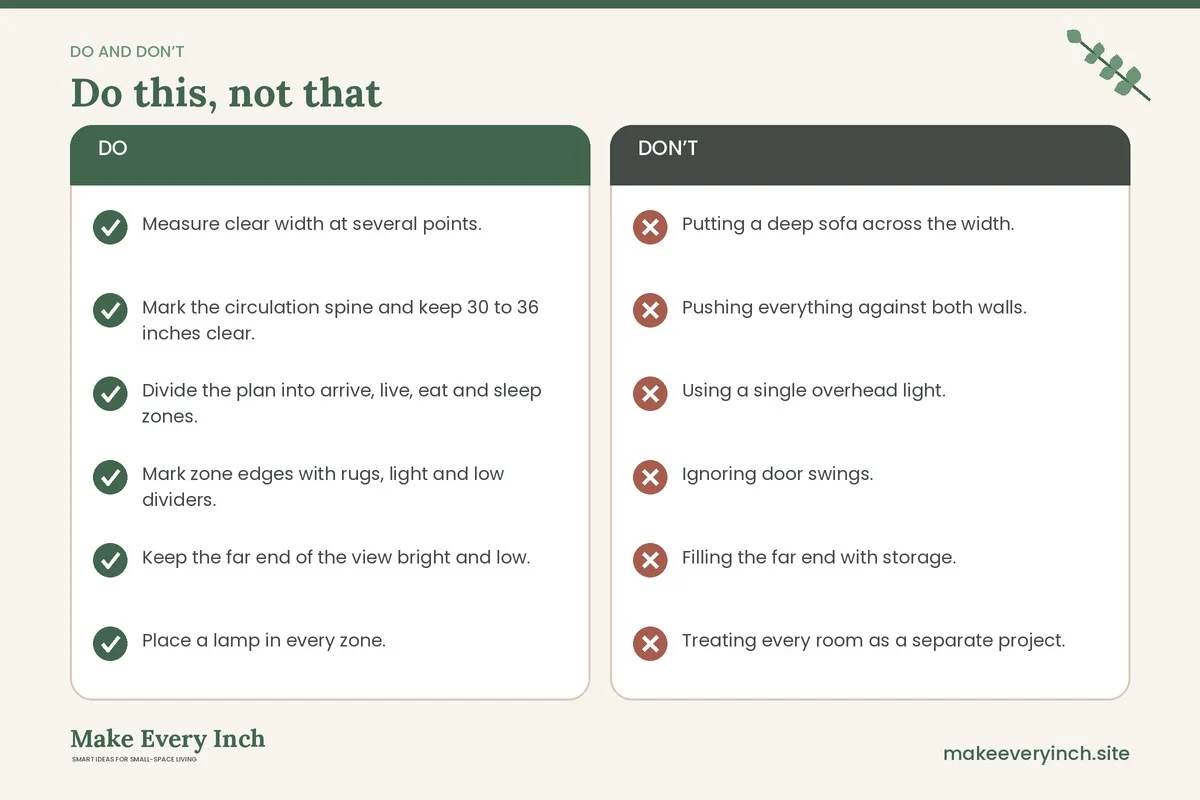 Do and don't checklist for: Small Home Ideas for Narrow Floor Plans