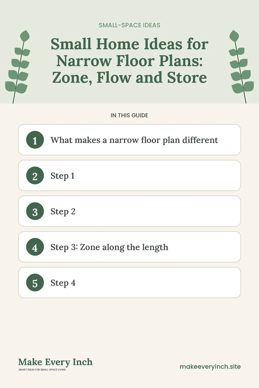 Pinterest pin listing the main topics in: Small Home Ideas for Narrow Floor Plans