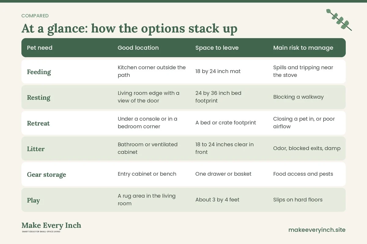 Comparison table of options for: Small Home Ideas for Pet Owners (Pet need, Good location, Space to leave, Main risk to manage)