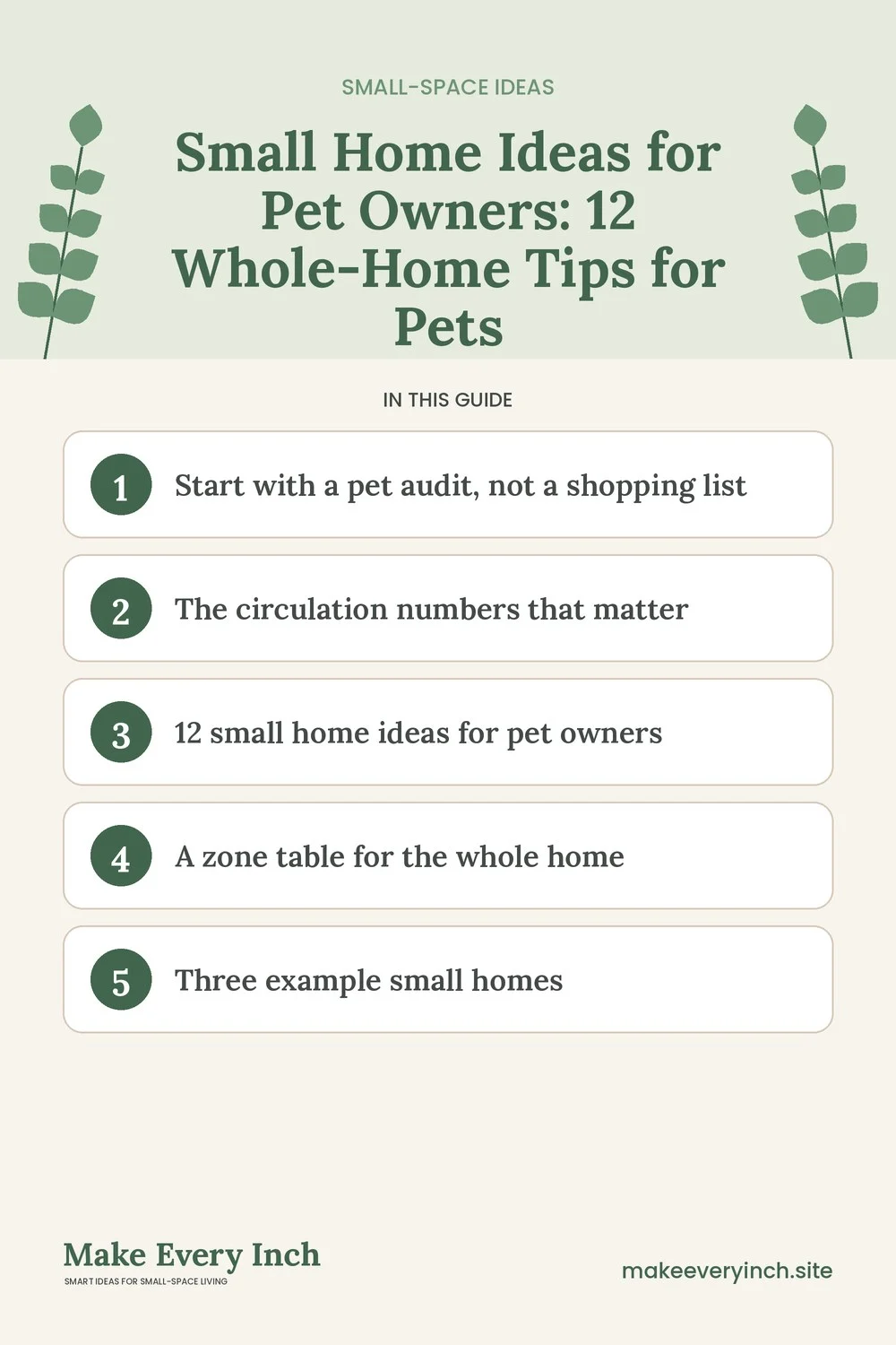 Pinterest pin listing the main topics in: Small Home Ideas for Pet Owners