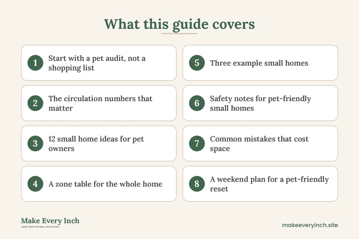 Graphic listing 8 topics covered in: Small Home Ideas for Pet Owners