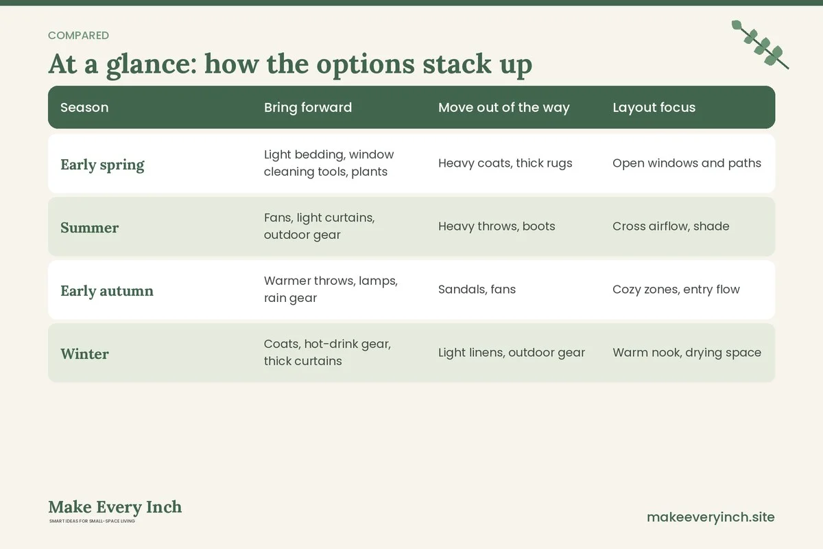 Comparison table of options for: 14 Small Home Ideas for Seasonal Changes and Rotating Storage (Season, Bring forward, Move out of the way, Layout focus)