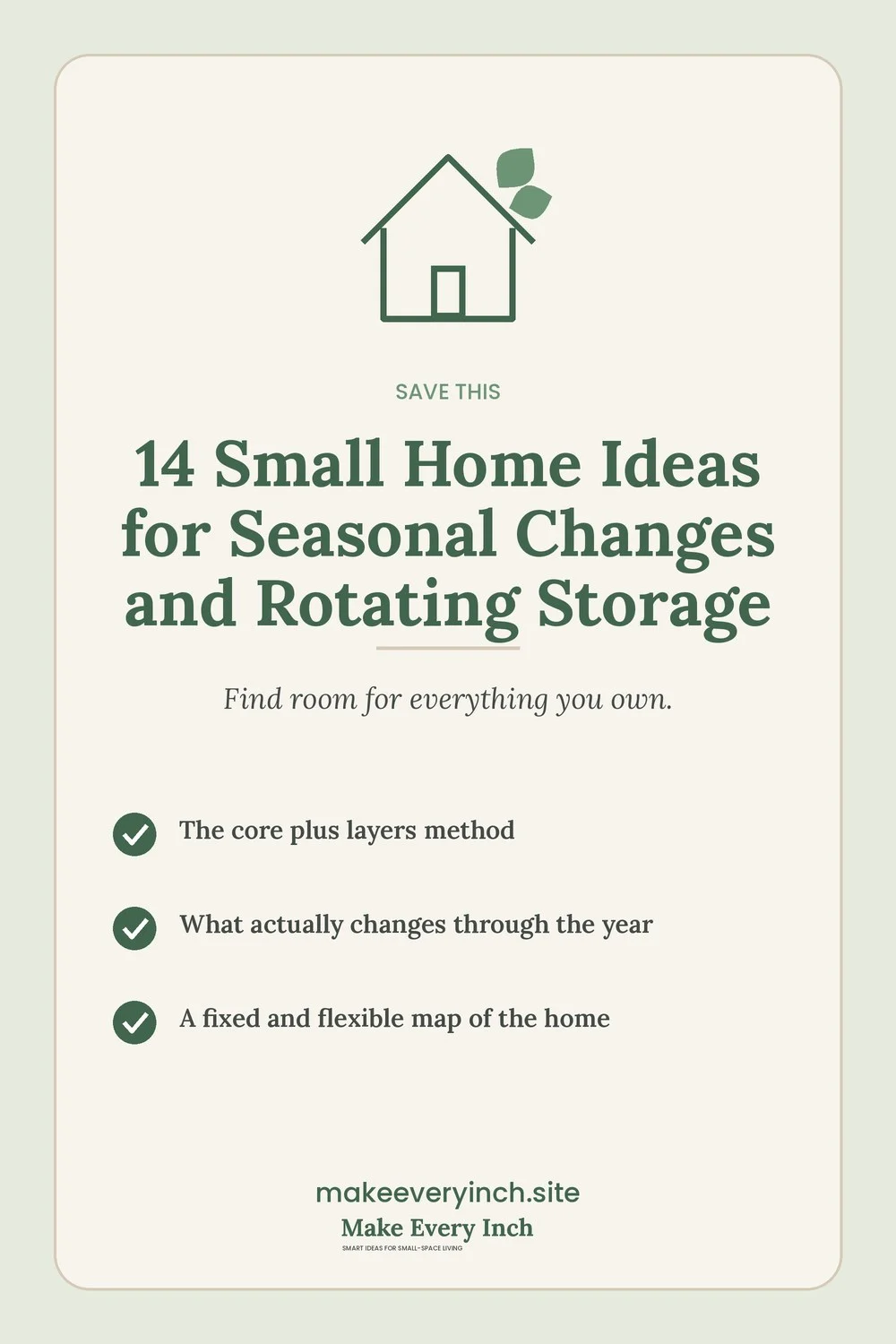 Save-this Pinterest pin with a short checklist for: 14 Small Home Ideas for Seasonal Changes and Rotating Storage
