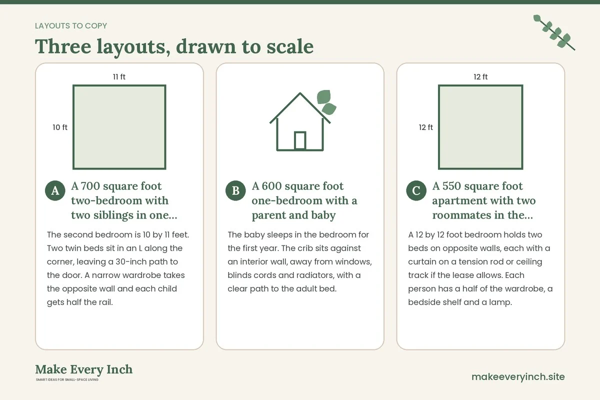 Three room layouts drawn to scale with dimensions and placement notes for: 15 Small Home Ideas for Shared Bedrooms with Fair Space