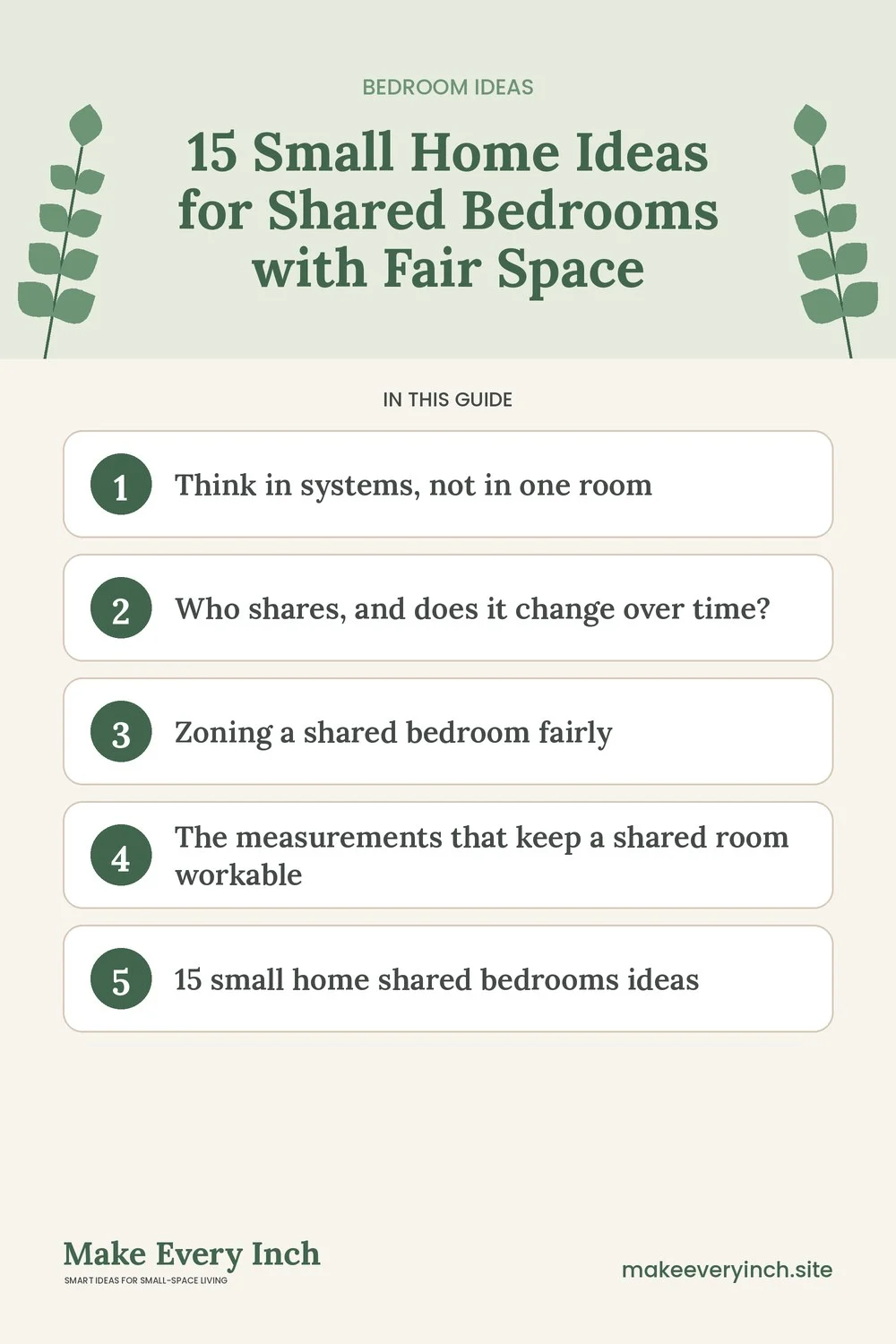 Pinterest pin listing the main topics in: 15 Small Home Ideas for Shared Bedrooms with Fair Space