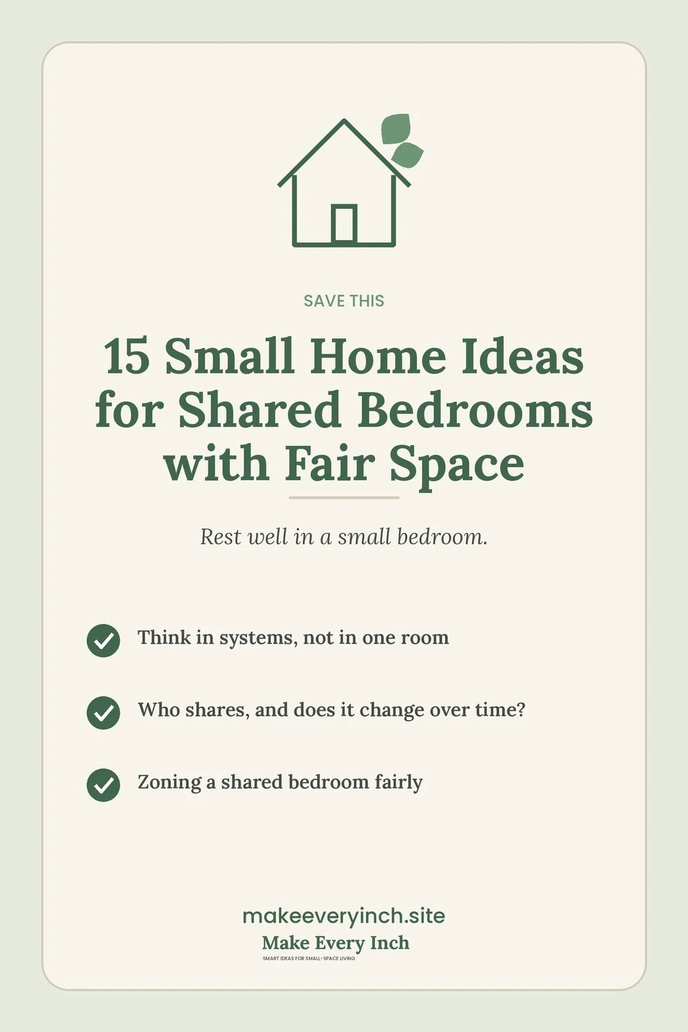 Save-this Pinterest pin with a short checklist for: 15 Small Home Ideas for Shared Bedrooms with Fair Space