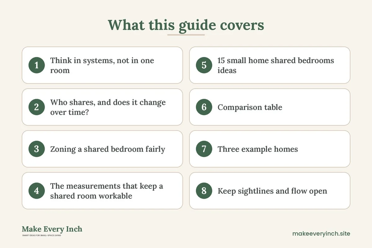 Graphic listing 8 topics covered in: 15 Small Home Ideas for Shared Bedrooms with Fair Space