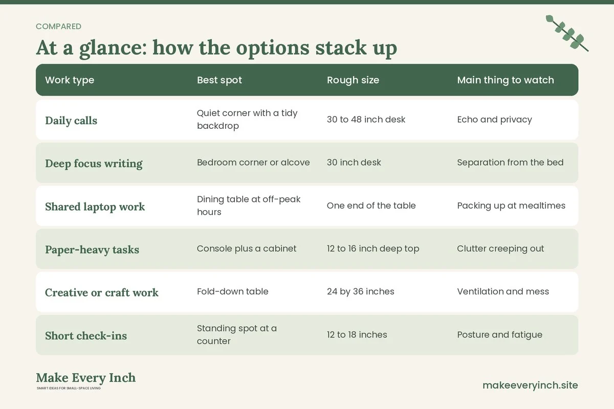 Comparison table of options for: 12 Small Home Ideas for Working From Home, Whole-Home Layouts (Work type, Best spot, Rough size, Main thing to watch)