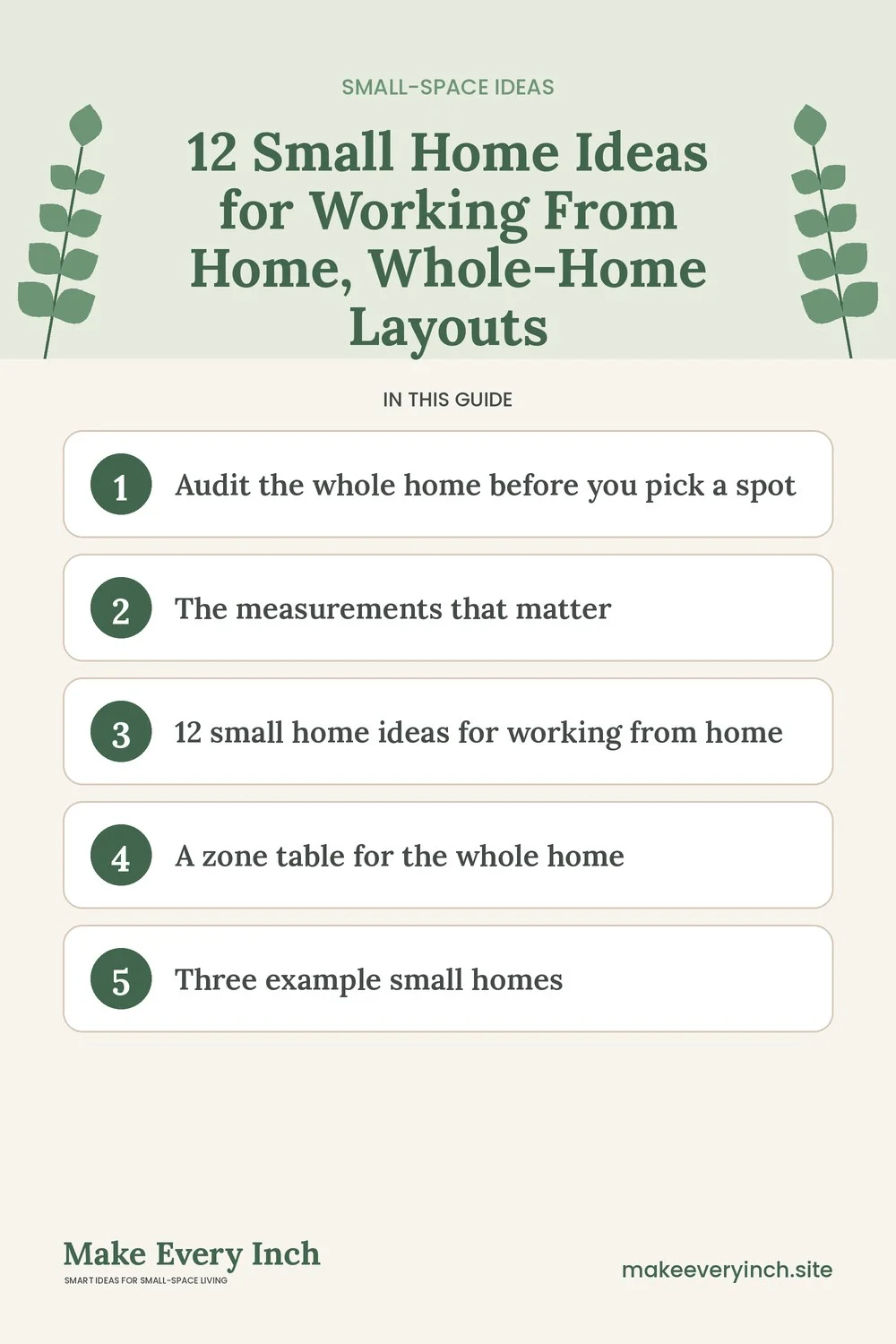 Pinterest pin listing the main topics in: 12 Small Home Ideas for Working From Home, Whole-Home Layouts