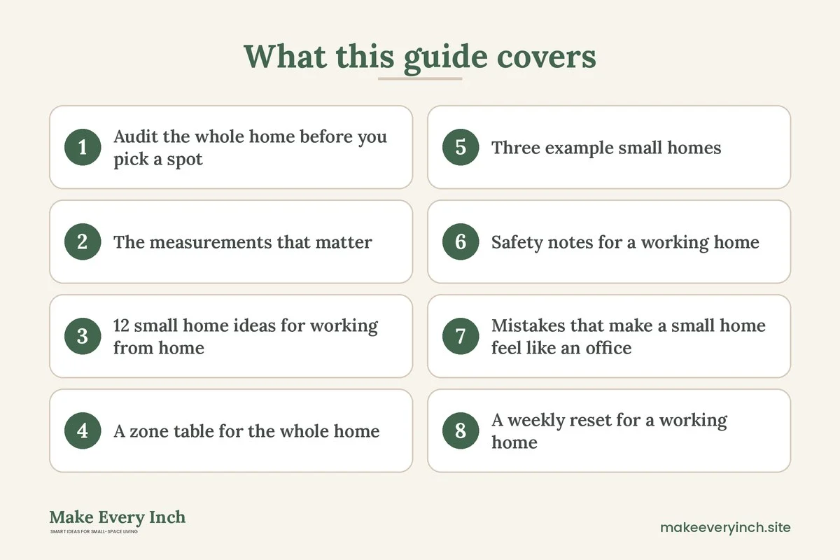 Graphic listing 8 topics covered in: 12 Small Home Ideas for Working From Home, Whole-Home Layouts