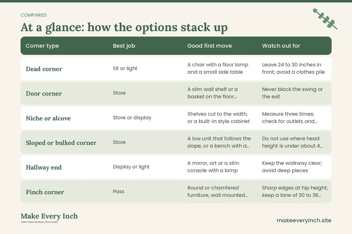 Comparison table of options for: Small Home Ideas with Awkward Corners (Corner type, Best job, Good first move, Watch out for)