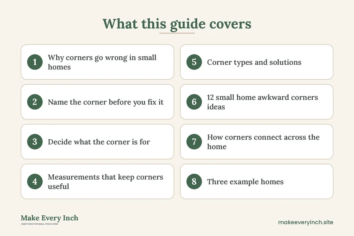 Graphic listing 8 topics covered in: Small Home Ideas with Awkward Corners