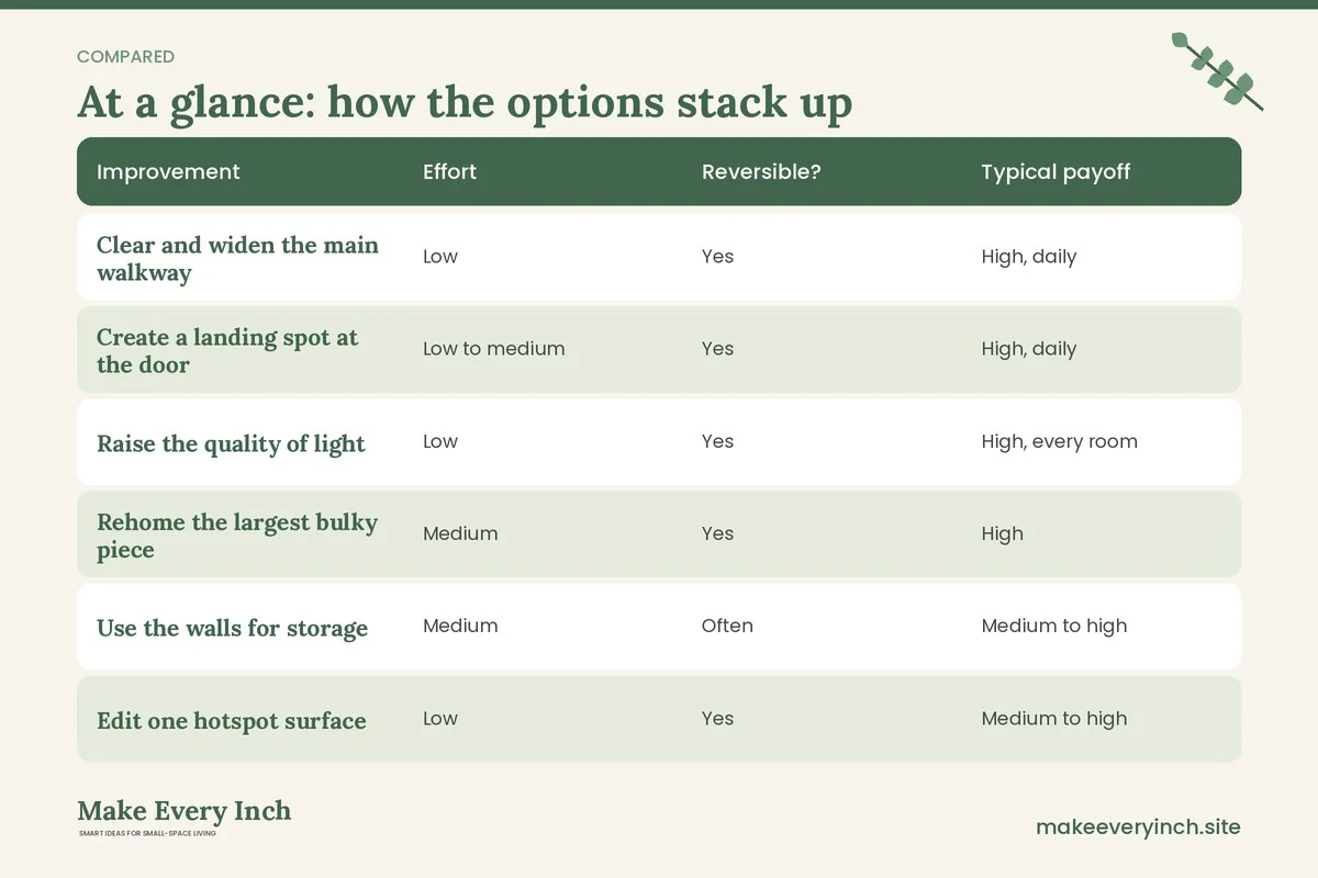 Comparison table of options for: 16 Small Home Improvements with the Biggest Impact to Do First (Improvement, Effort, Reversible?, Typical payoff)