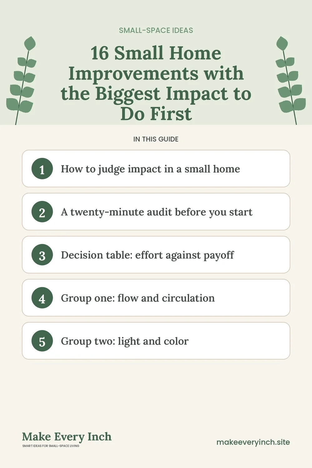 Pinterest pin listing the main topics in: 16 Small Home Improvements with the Biggest Impact to Do First
