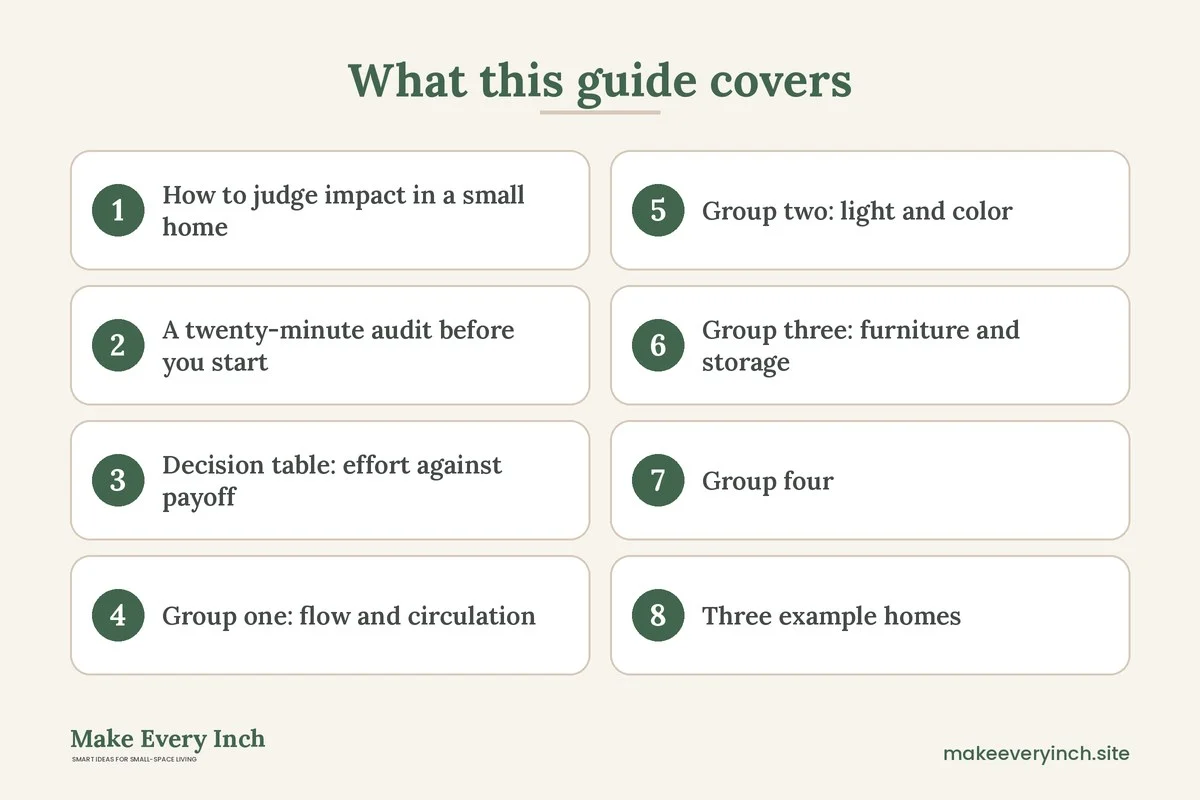 Graphic listing 8 topics covered in: 16 Small Home Improvements with the Biggest Impact to Do First