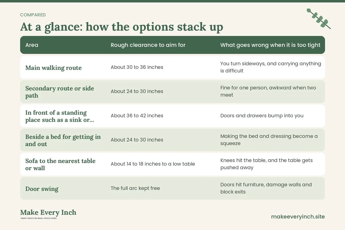 Comparison table of options for: Small Home Layout Mistakes to Avoid (Area, Rough clearance to aim for, What goes wrong when it is too tight)