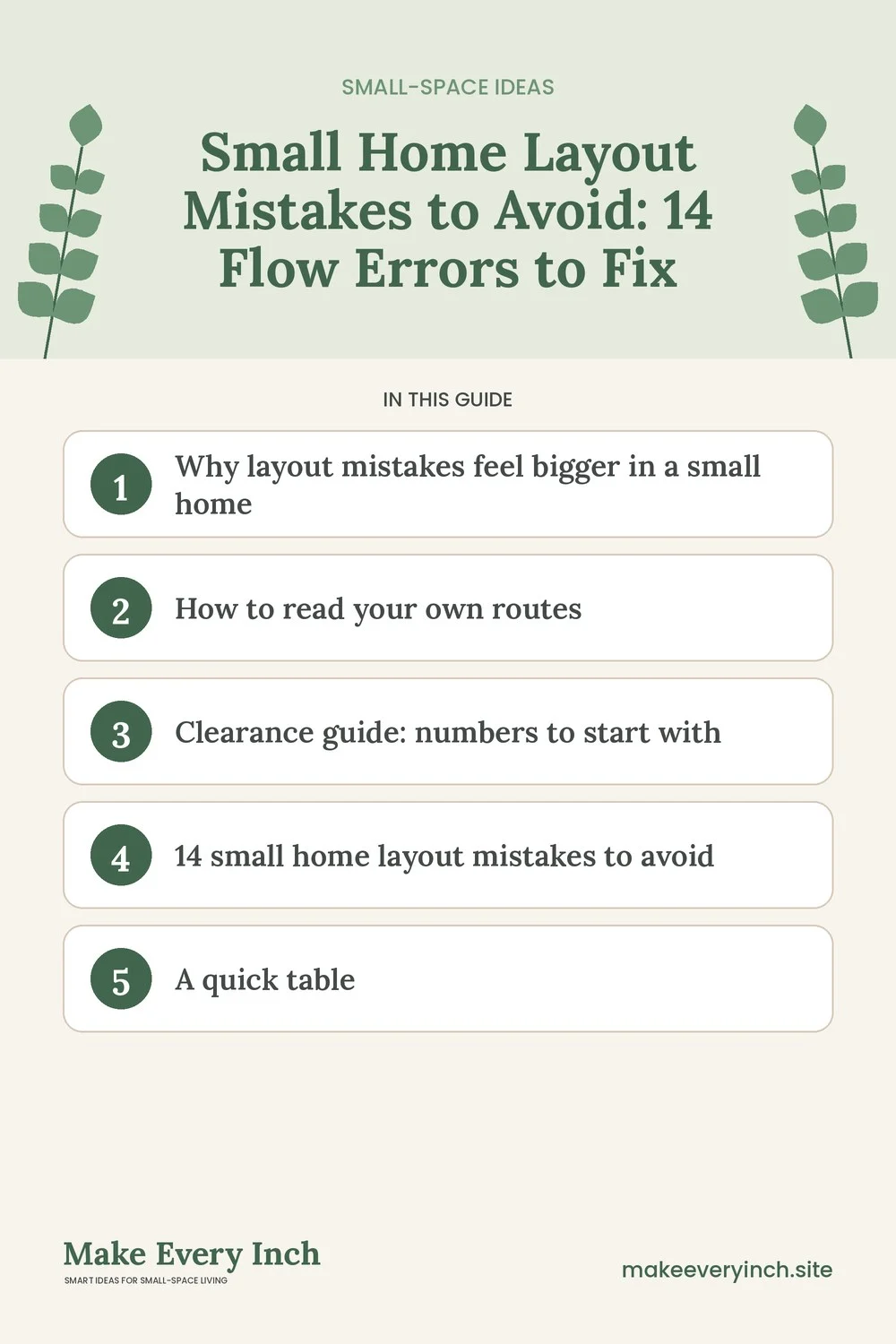Pinterest pin listing the main topics in: Small Home Layout Mistakes to Avoid
