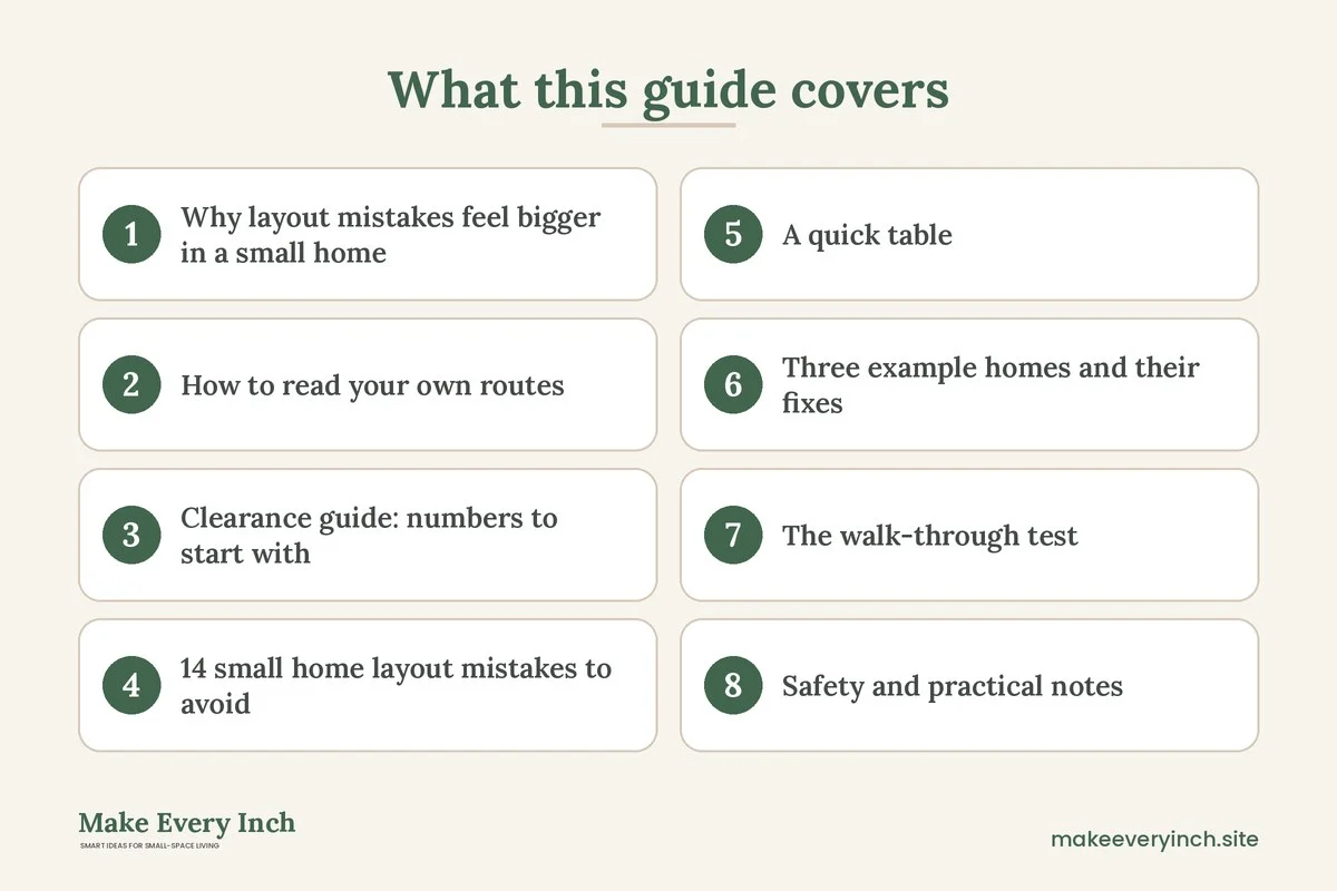 Graphic listing 8 topics covered in: Small Home Layout Mistakes to Avoid