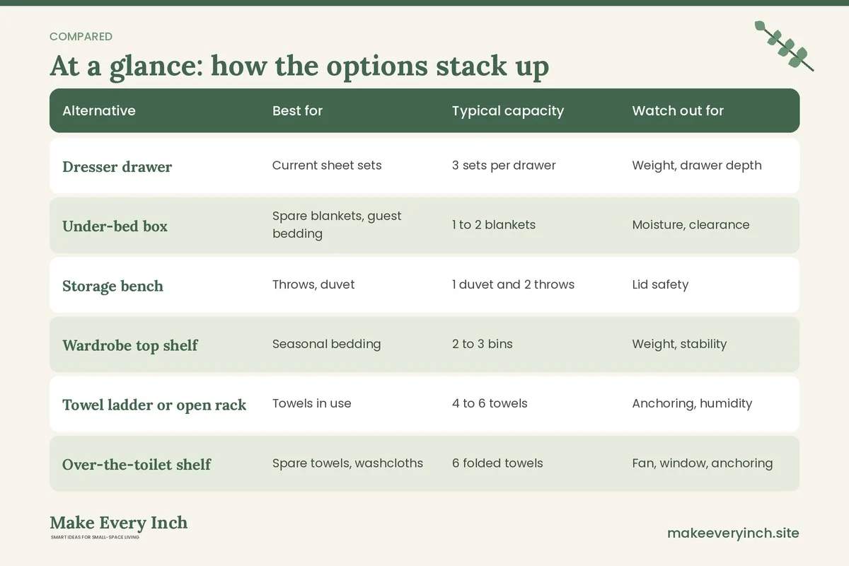 Comparison table of options for: 13 Small Home Linen Closet Alternatives That Hold Towels and Sheets (Alternative, Best for, Typical capacity, Watch out for)
