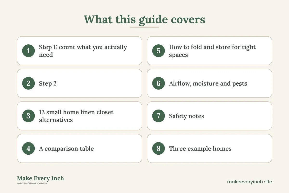 Graphic listing 8 topics covered in: 13 Small Home Linen Closet Alternatives That Hold Towels and Sheets