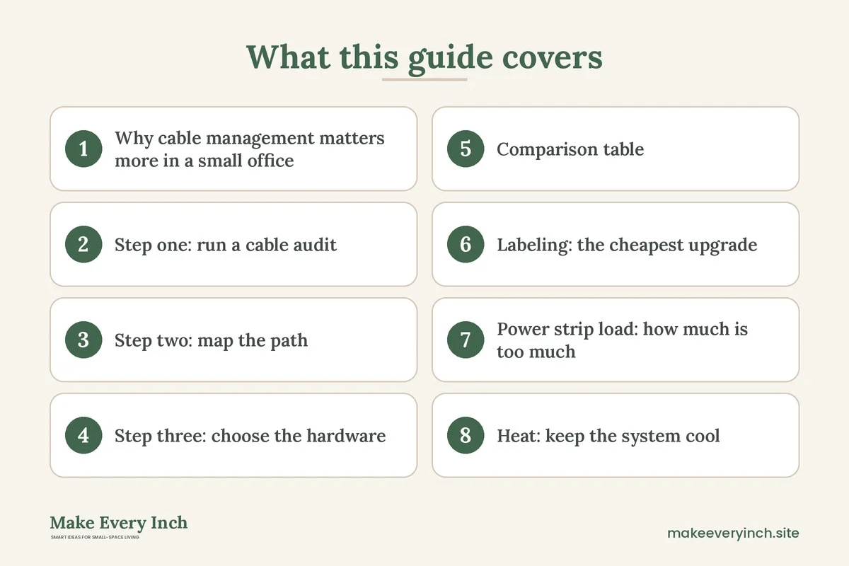 Graphic listing 8 topics covered in: Small Home Office Cable Management Ideas