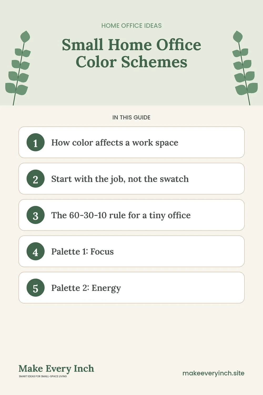 Pinterest pin listing the main topics in: Small Home Office Color Schemes