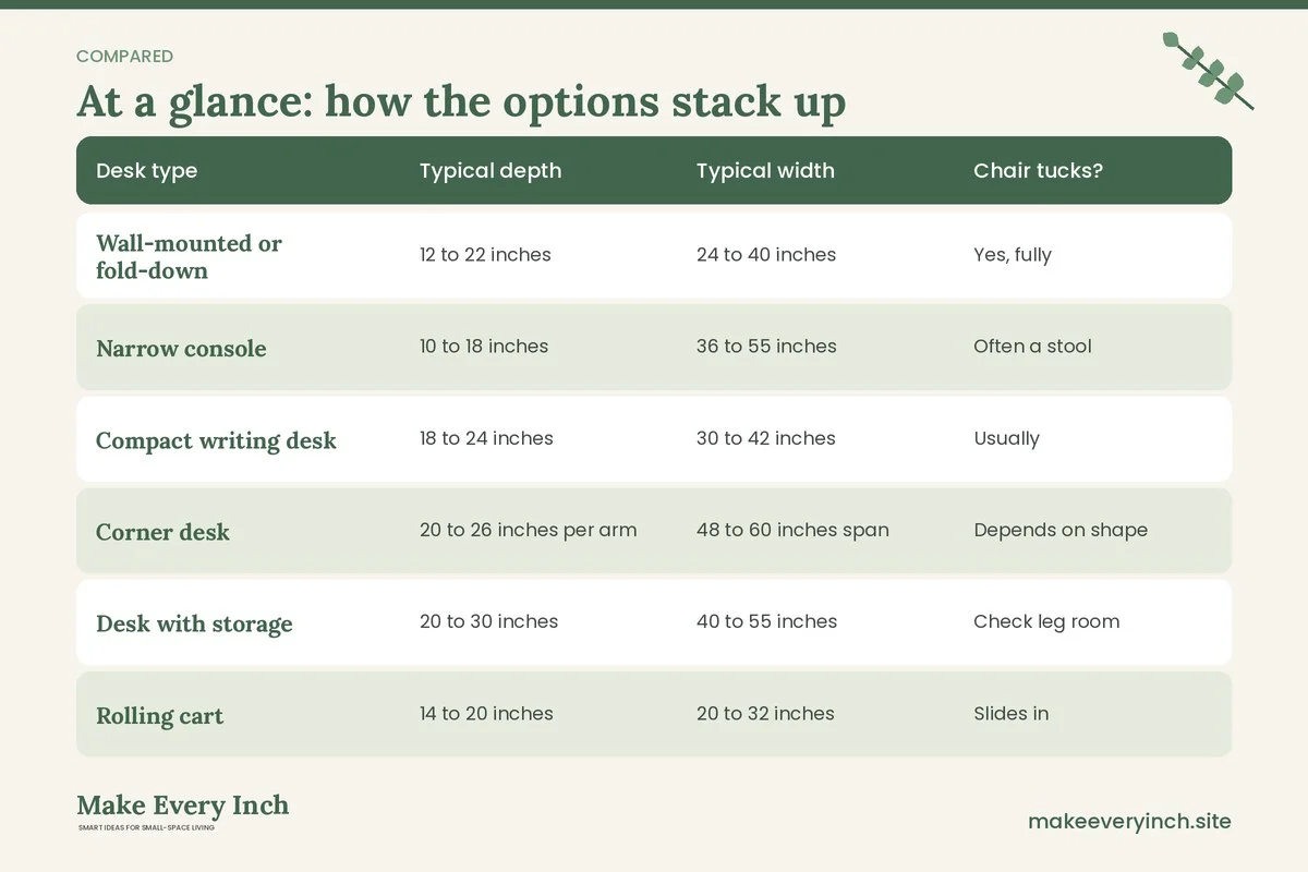 Comparison table of options for: Small Home Office Desk Ideas (Desk type, Typical depth, Typical width, Chair tucks?)