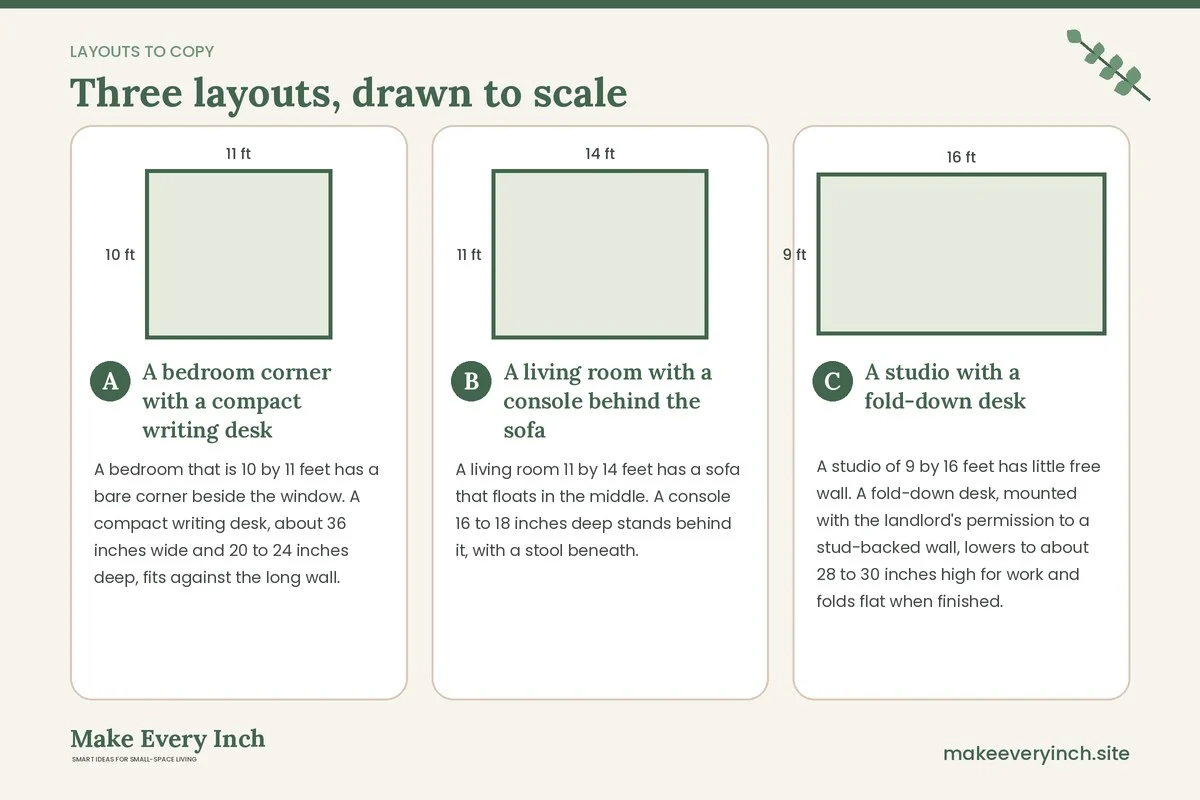 Three room layouts drawn to scale with dimensions and placement notes for: Small Home Office Desk Ideas