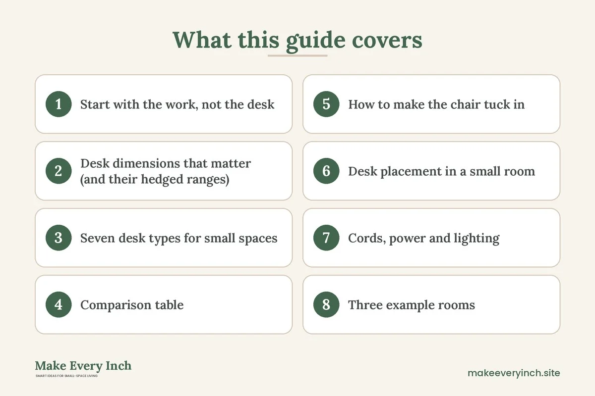 Graphic listing 8 topics covered in: Small Home Office Desk Ideas