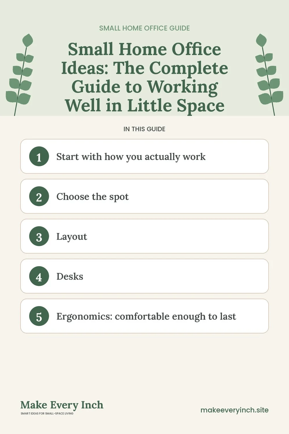 Pinterest pin listing the main topics in the small home office ideas guide